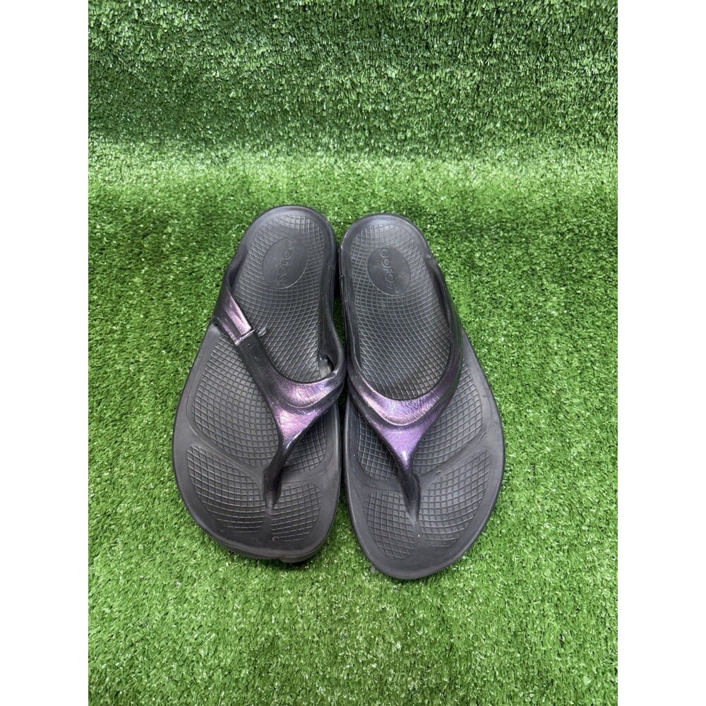OOFOS OOlala Luxe Recovery Sandals Black Purple Metallic Women's Size 9 EU 40